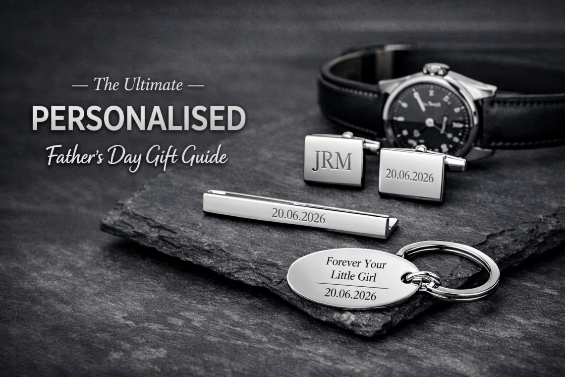 Flat‑lay of four personalised Father’s Day gifts on a light stone surface: an engraved silver money clip reading ‘For all you do.’, a stainless steel guitar pick engraved ‘You rock, Dad.’ beside a brown leather pouch, a silver bookmark engraved ‘Dad’s quiet time.’ resting on an open book, and an open silver pocket watch with the inscription ‘Time well spent with you.’ inside the lid.”Flat‑lay of four personalised Father’s Day gifts on a light stone surface: an engraved silver money clip reading ‘For all you do.’, a stainless steel guitar pick engraved ‘You rock, Dad.’ beside a brown leather pouch, a silver bookmark engraved ‘Dad’s quiet time.’ resting on an open book, and an open silver pocket watch with the inscription ‘Time well spent with you.’ inside the lid.”