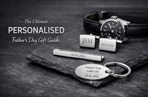 Flat‑lay of four personalised Father’s Day gifts on a light stone surface: an engraved silver money clip reading ‘For all you do.’, a stainless steel guitar pick engraved ‘You rock, Dad.’ beside a brown leather pouch, a silver bookmark engraved ‘Dad’s quiet time.’ resting on an open book, and an open silver pocket watch with the inscription ‘Time well spent with you.’ inside the lid.”Flat‑lay of four personalised Father’s Day gifts on a light stone surface: an engraved silver money clip reading ‘For all you do.’, a stainless steel guitar pick engraved ‘You rock, Dad.’ beside a brown leather pouch, a silver bookmark engraved ‘Dad’s quiet time.’ resting on an open book, and an open silver pocket watch with the inscription ‘Time well spent with you.’ inside the lid.”