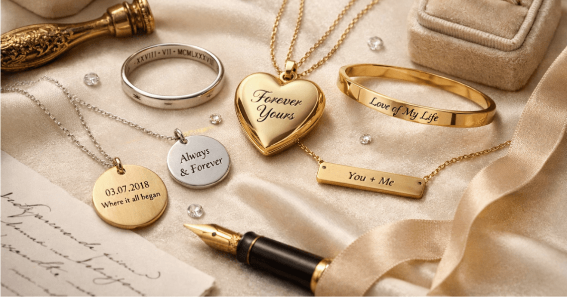 A luxurious flat‑lay photograph of engraved gold and silver jewellery displayed on cream silk. At the centre, a gold heart locket engraved “Forever Yours” rests beside a silver ring with Roman numerals, a gold bangle reading “Love of My Life,” and pendants inscribed with romantic dates and phrases. A champagne velvet ring box, pearls, a wax seal stamp, and a fountain pen complete the elegant composition.