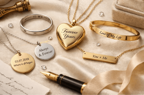 A luxurious flat‑lay photograph of engraved gold and silver jewellery displayed on cream silk. At the centre, a gold heart locket engraved “Forever Yours” rests beside a silver ring with Roman numerals, a gold bangle reading “Love of My Life,” and pendants inscribed with romantic dates and phrases. A champagne velvet ring box, pearls, a wax seal stamp, and a fountain pen complete the elegant composition.