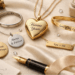 A luxurious flat‑lay photograph of engraved gold and silver jewellery displayed on cream silk. At the centre, a gold heart locket engraved “Forever Yours” rests beside a silver ring with Roman numerals, a gold bangle reading “Love of My Life,” and pendants inscribed with romantic dates and phrases. A champagne velvet ring box, pearls, a wax seal stamp, and a fountain pen complete the elegant composition.