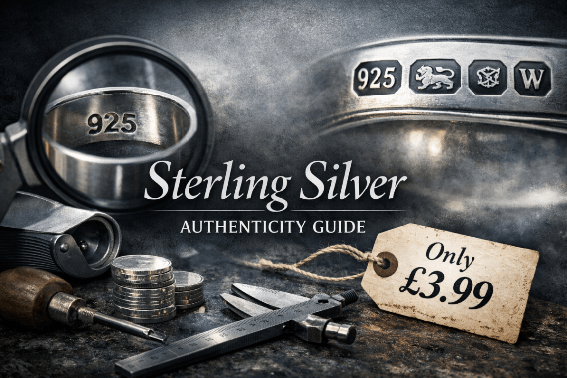 “Close‑up of sterling silver jewellery showing a 925 hallmark under a magnifying glass, hallmark stamps on a silver ring, and a price tag reading £3.99 — visual guide to spotting genuine sterling silver versus plated imitations.”
